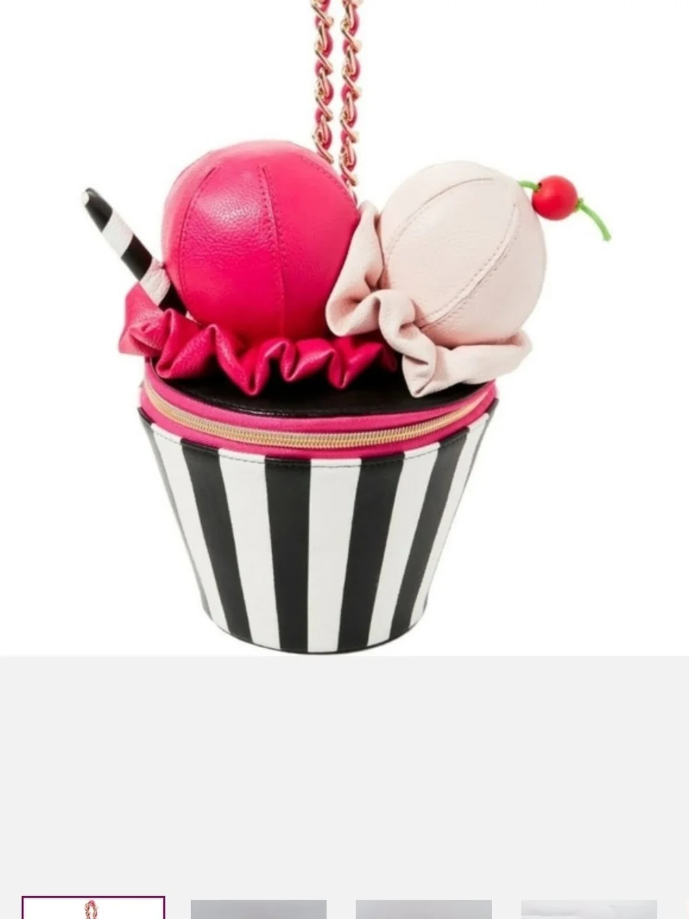 Betsey Johnson Black & White Striped Ice Cream Cup Crossbody with Pink Accents